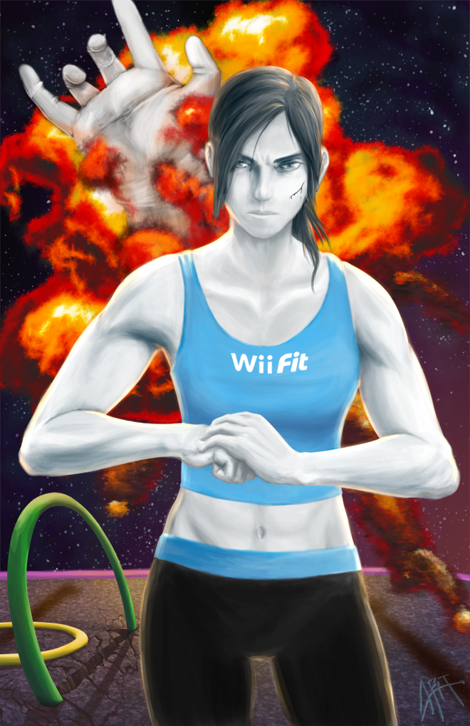 1girl abs badword breasts capri_pants colored_skin cracking_knuckles cuts explosion female_focus final_destination_(smash_bros) grey_eyes grey_hair injury long_hair master_hand midriff muscular nintendo pants ponytail small_breasts solo space spandex super_smash_bros. tank_top white_skin wii_fit wii_fit_trainer wii_fit_trainer_(female)