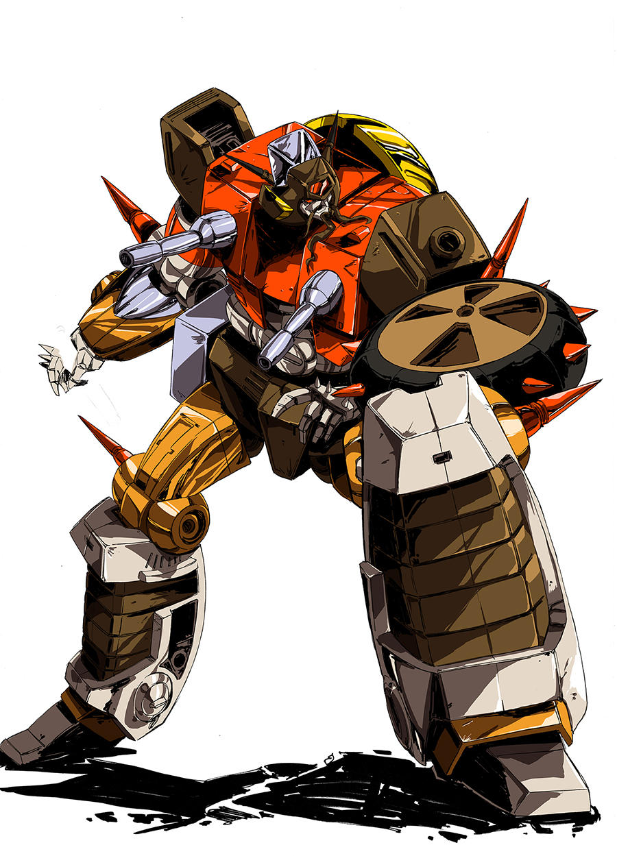 beard commentary english_commentary facial_hair highres hinomars19 looking_to_the_side mecha mustache no_humans open_hand red_eyes robot shadow smile solo spiked_knuckles spikes transformers wreck-gar