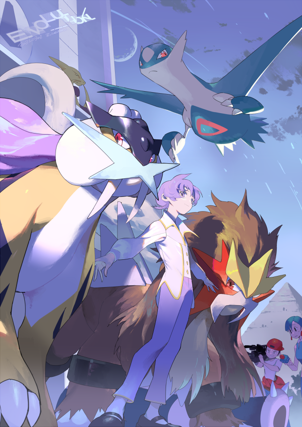 1boy 2girls anabel_(pokemon) artist_name black_footwear buttons claws closed_mouth cloud crescent_moon e_volution entei from_below frontier_brain gabby_(pokemon) gen_1_pokemon gen_2_pokemon gen_3_pokemon green_hair holding holding_microphone latios legendary_pokemon long_sleeves microphone moon multiple_girls nintendo outdoors pants pokemon pokemon_(creature) pokemon_emerald pokemon_rse purple_hair purple_pants pyramid_(structure) raikou shoes short_hair sky snorlax ty_(pokemon)