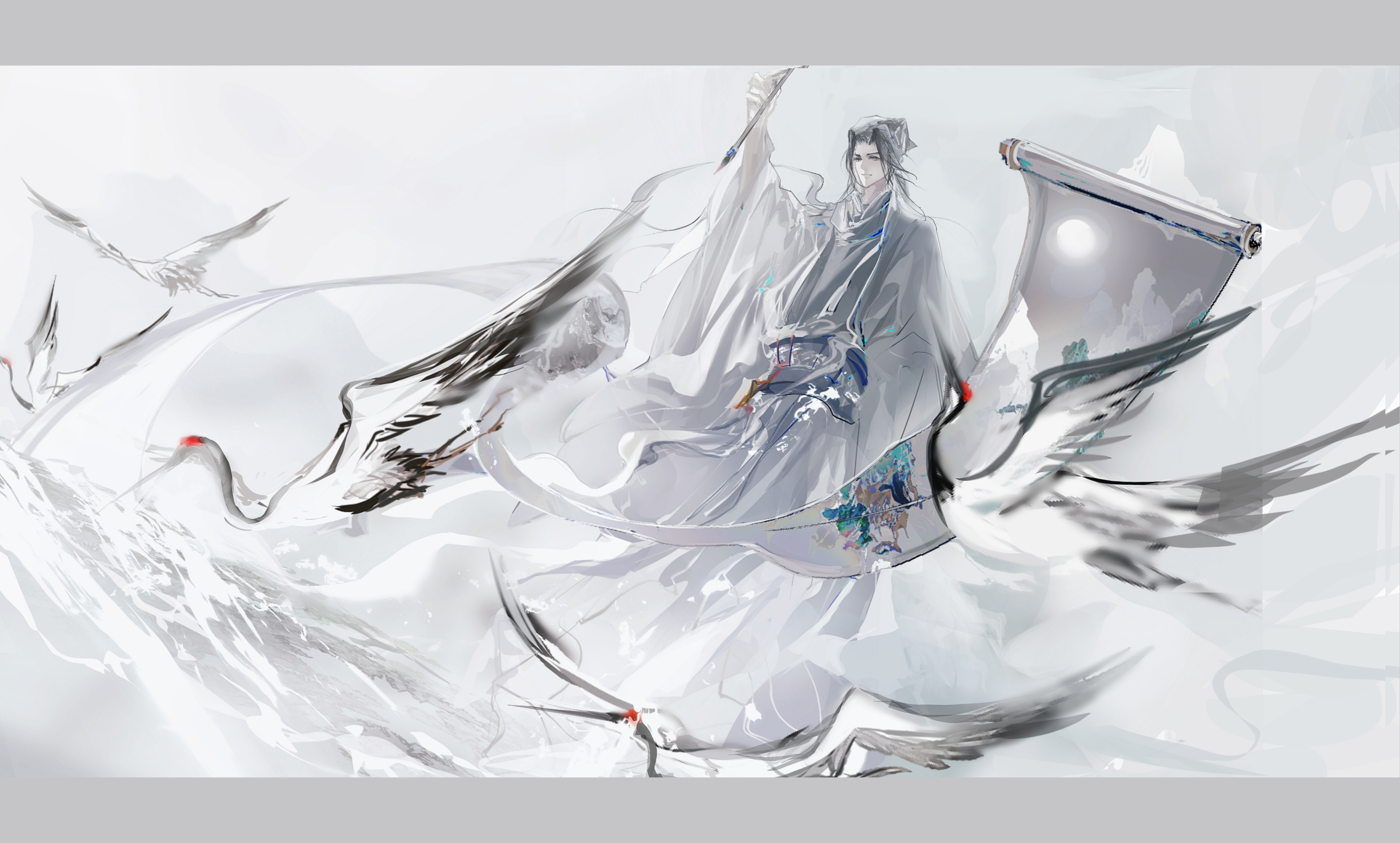 1boy absurdres arm_up bird black_hair calligraphy_brush chinese_clothes chinese_commentary closed_mouth crane_(animal) dao_gui_yi_xian faux_traditional_media flower full_body guikong560 hanfu hanging_scroll hat hat_ribbon highres holding holding_calligraphy_brush holding_paintbrush ink_wash_painting jewelry jin_(headwear) letterboxed long_sleeves looking_at_viewer male_focus paintbrush painting_(action) ribbon robe scroll short_hair smile solo water waves white_hanfu white_hat wide_sleeves zhouzi_jin_(headwear) zhuge_yuan