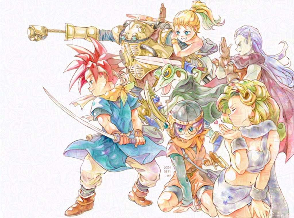 1other 3boys 3girls adjusting_clothes adjusting_gloves artist_name ayla_(chrono_trigger) bare_shoulders black_shorts blonde_hair blowing_kiss blue_gloves blue_hair blue_tunic blunt_bangs bracer breasts brown_footwear cavewoman chrono_trigger cleavage cloak closed_eyes crono_(chrono_trigger) curly_hair dated fighting_stance frog_(chrono_trigger) frog_boy full_body fur_scarf fur_shawl fur_skirt fur_wrist_cuffs glasses gloves green_cloak green_eyes grey_fur grey_pants grey_scarf grey_skirt grin gun headband helmet holding holding_gun holding_sword holding_weapon long_hair long_sleeves lucca_ashtear magus_(chrono_trigger) marle_(chrono_trigger) medium_breasts midriff multiple_boys multiple_girls navel neckerchief open_mouth orange_neckerchief orange_tunic pale_skin pants pointy_ears ponytail purple_hair red_cloak robo_(chrono_trigger) robot scarf shawl short_hair short_sleeves shorts skirt smile spiked_hair strapless sword teeth tube_top tunic upper_body weapon white_headband wrist_cuffs yellow_neckerchief yui_norimaki