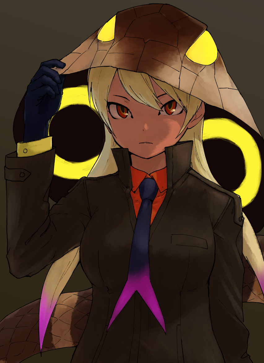 1girl black_gloves black_jacket blonde_hair commentary_request gloves gradient_hair hair_between_eyes hood hood_up jacket kemono_friends king_cobra_(kemono_friends) long_hair long_sleeves looking_at_viewer multicolored_hair necktie orange_hair orange_shirt pink_hair rumenia_(ao2is) serious shirt snake_tail solo tail