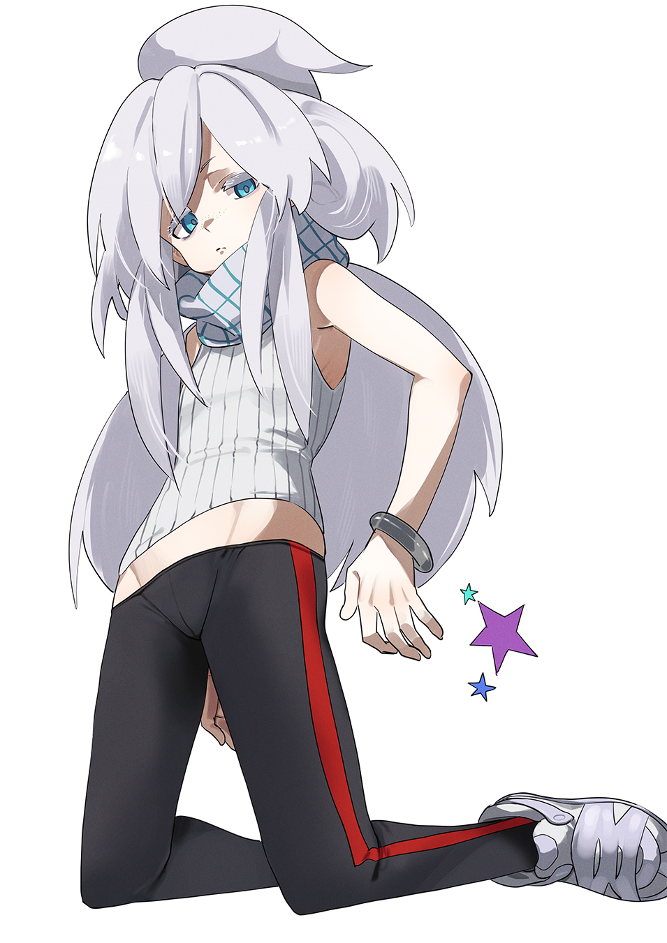 1girl armpits black_pants blue_eyes bracelet closed_mouth deux_murasame eyebrows_hidden_by_hair flat_chest freckles from_side fu-ta gundam gundam_gquuuuuux highres jewelry kneeling long_hair looking_at_viewer pants scarf shoes simple_background sleeveless sleeveless_sweater sneakers solo sweater thick_eyebrows white_background white_hair white_scarf white_sweater