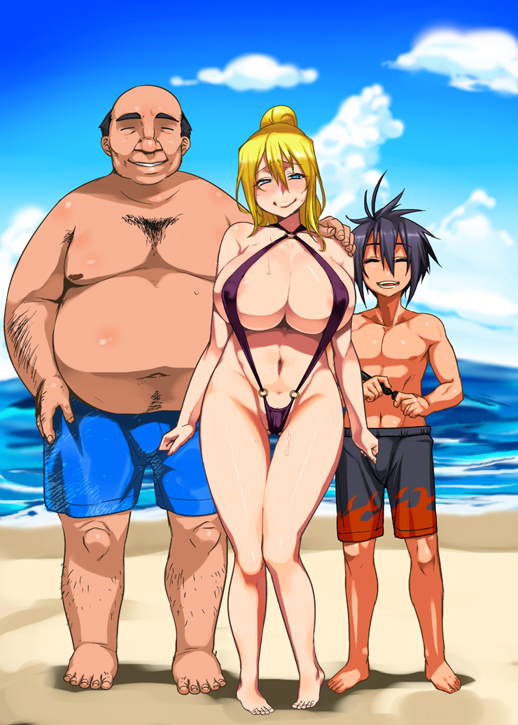 1girl 2boys beach blonde_hair breasts cleavage huge_breasts multiple_boys original ponytail slingshot_swimsuit swimsuit tabigarasu_(mahjong_yuugen_gaisha_58)