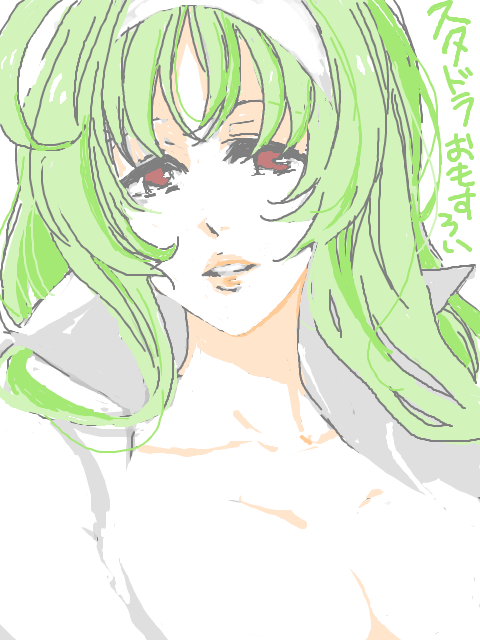 10s 1girl acm breasts cleavage doodle female_focus green_hair hairband medium_breasts red_eyes solo star_driver watanabe_kanako