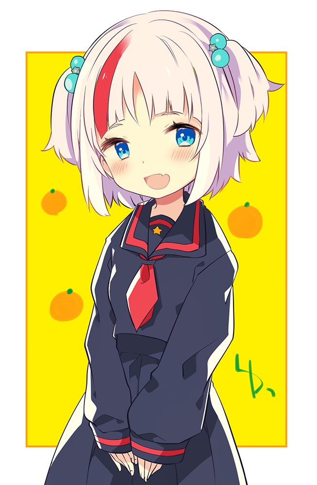 1girl :d black_sailor_collar black_serafuku black_shirt black_skirt blue_eyes blush border commentary_request eyelashes fang food fruit hair_bobbles hair_ornament hassaku_yuzu hassaku_yuzu_(school_uniform) kamiyoshi_rika long_sleeves looking_at_viewer multicolored_hair neckerchief nijisanji open_mouth orange_(fruit) outside_border pleated_skirt puffy_long_sleeves puffy_sleeves red_hair red_neckerchief sailor_collar school_uniform serafuku shirt short_hair sidelocks skin_fang skirt sleeves_past_wrists smile solo streaked_hair two_side_up virtual_youtuber white_border white_hair yellow_background