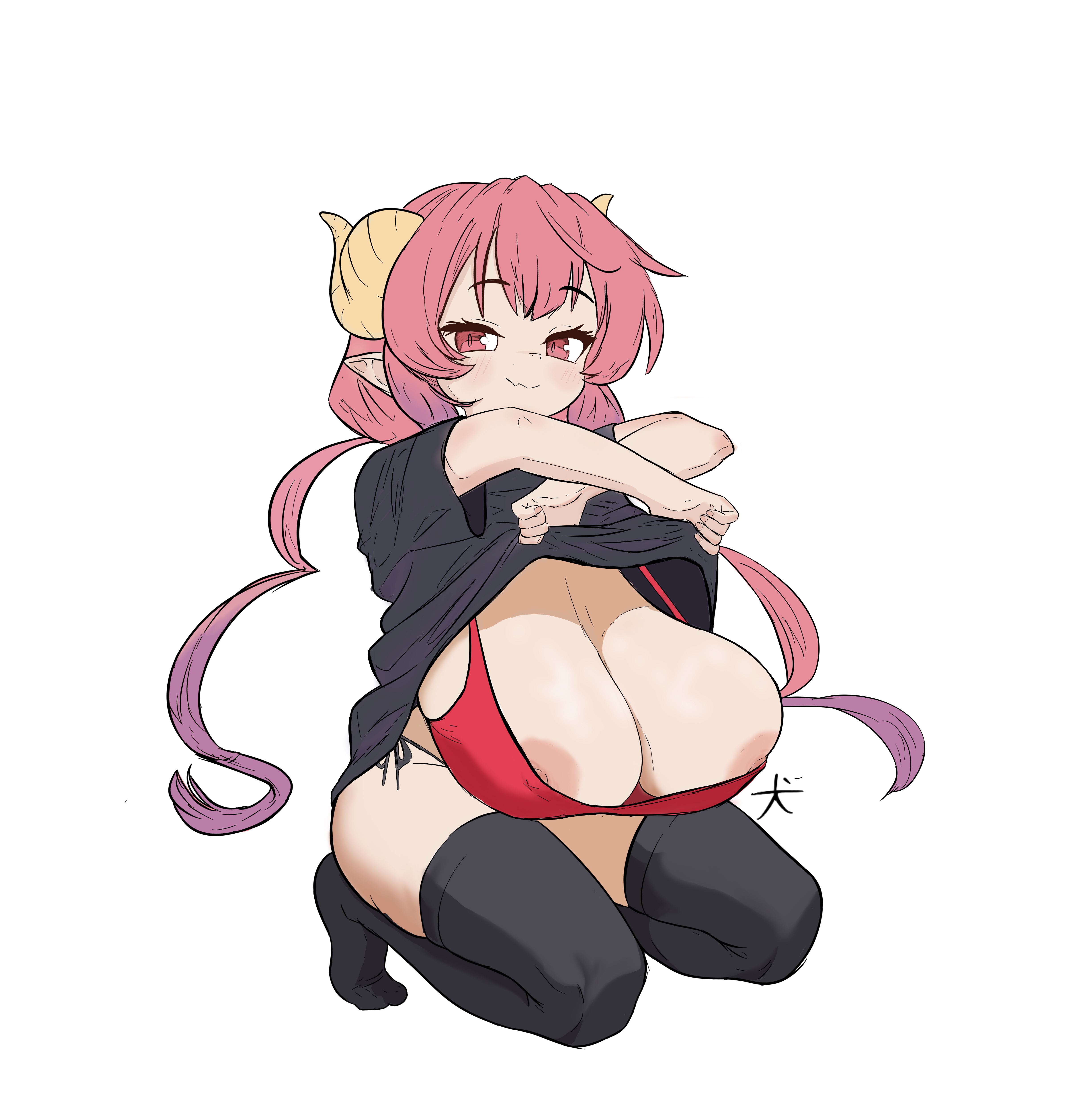 1girl absurdres areola_slip breast_slip breasts full_body highres horns huge_breasts ilulu_(maidragon) kobayashi-san_chi_no_maidragon long_hair looking_at_viewer nipple_slip nipples pink_hair pointy_ears sagging_breasts shortstack smile smug solo