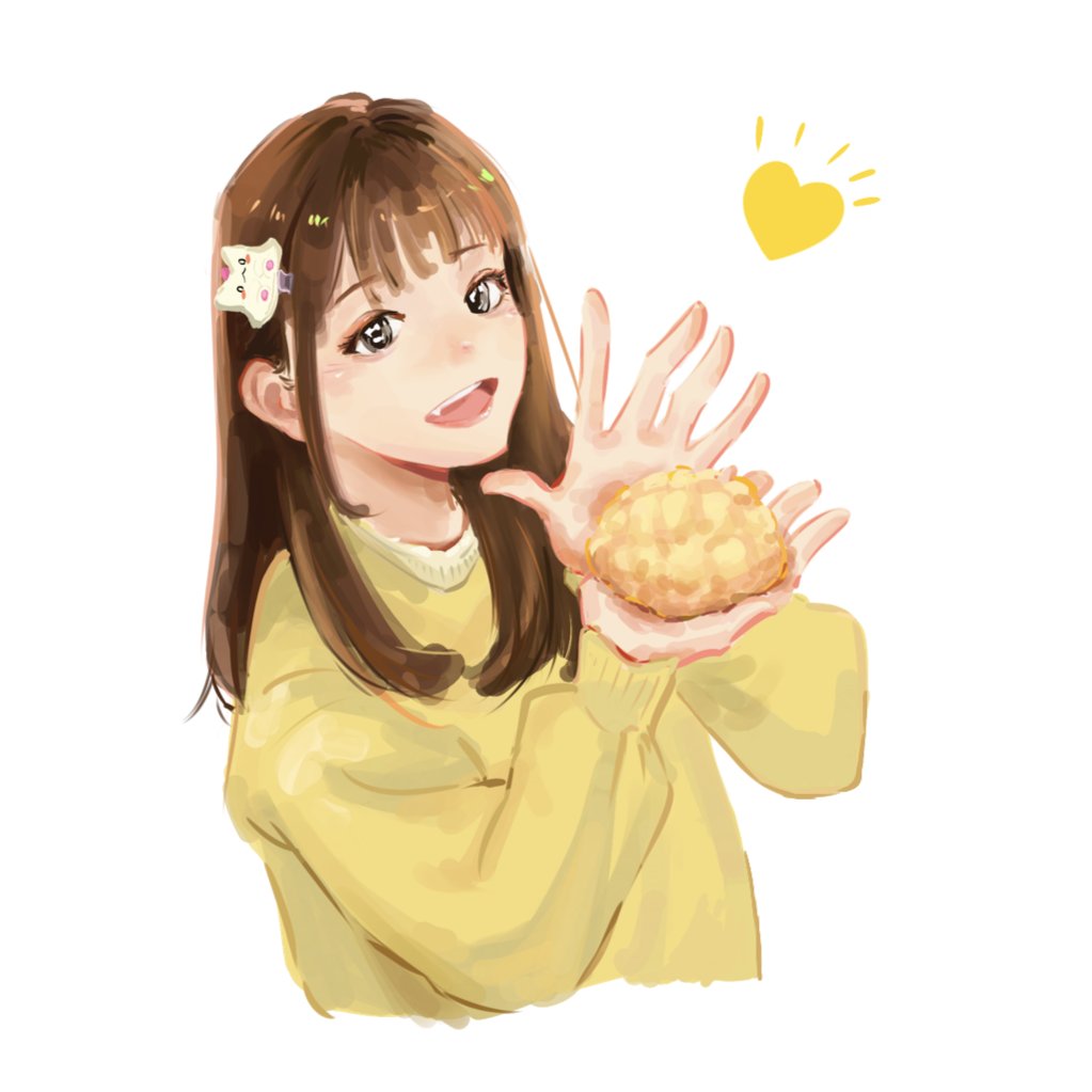 1girl blush bread brown_hair commentary_request fang food hair_ornament hairclip heart kohinata_mika melon_bread open_mouth real_life sidelocks simple_background solo sweater teeth upper_teeth_only voice_actor white_background xiao_huajii yellow_sweater