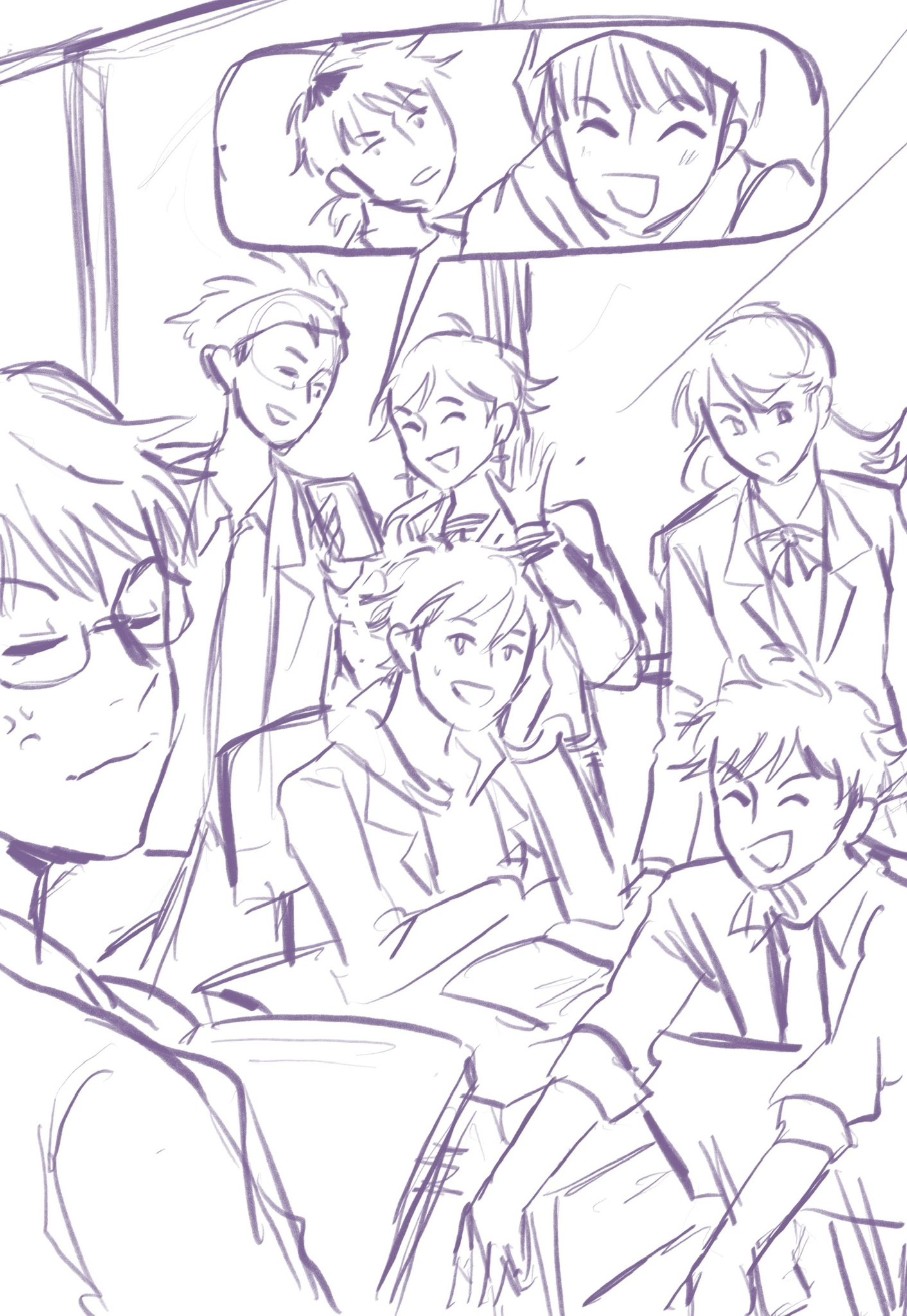 bandana digimon digimon_survive glasses hat highres hinata_minoru kayama_shuuji kimishima_saki looking_at_viewer momotsuka_takuma shibuya_aoi shinonome_kaito shinonome_miu smile tominaga_ryo