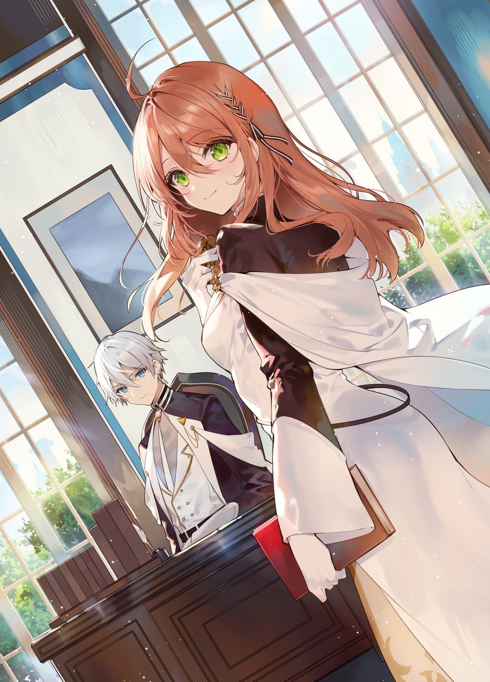 1boy 1girl ahoge belt black_belt black_madougushi_guild_wo_tsuihousareta_watashi_oukyuu_majutsushi_toshite_hirowareru blue_eyes blush book braid breasts brown_hair closed_mouth commentary_request day dress dutch_angle green_eyes grey_hair hair_between_eyes hair_ribbon highres holding holding_book indoors jacket lapels long_hair looking_at_viewer looking_back luke_waldstein necomi noel_springfield notched_lapels official_art ribbon short_hair sitting smile standing white_dress white_jacket wide_sleeves window