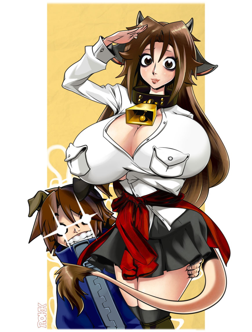 1boy 1girl animal_ears bell boots borrowed_character breast_hold breasts bursting_breasts cleavage clothes_around_waist collar cow_ears cow_girl cow_horns cow_tail cowbell dog_ears ego_trigger hetero horns hug huge_breasts johnrokk knee_boots lips matt_(ego_trigger) mattie_(ego_trigger) narrow_waist neck_bell original over-kneehighs salute skirt sweater sweater_around_waist tail thighhighs waist_hug