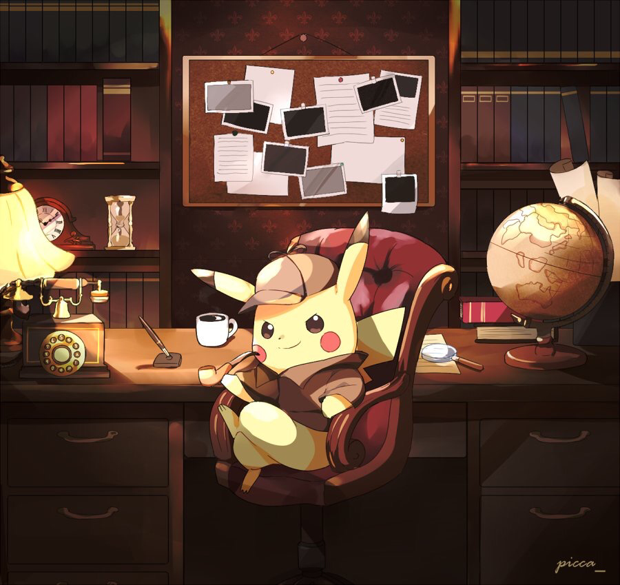 book bookshelf brown_hat brown_jacket chair clock closed_mouth clothed_pokemon coffee coffee_mug crossed_legs cup deerstalker desk detective_pikachu_(character) detective_pikachu_(game) detective_pikachu_(series) drawer full_body gen_1_pokemon globe hat holding holding_smoking_pipe hourglass indoors jacket lamp long_sleeves looking_at_viewer magnifying_glass mei_(maysroom) mug nib_pen_(object) nintendo no_humans pen pen_holder phone pikachu pokemon pokemon_(creature) roman_numeral sitting smirk smoking_pipe solo twitter_username v-shaped_eyebrows v-shaped_eyes