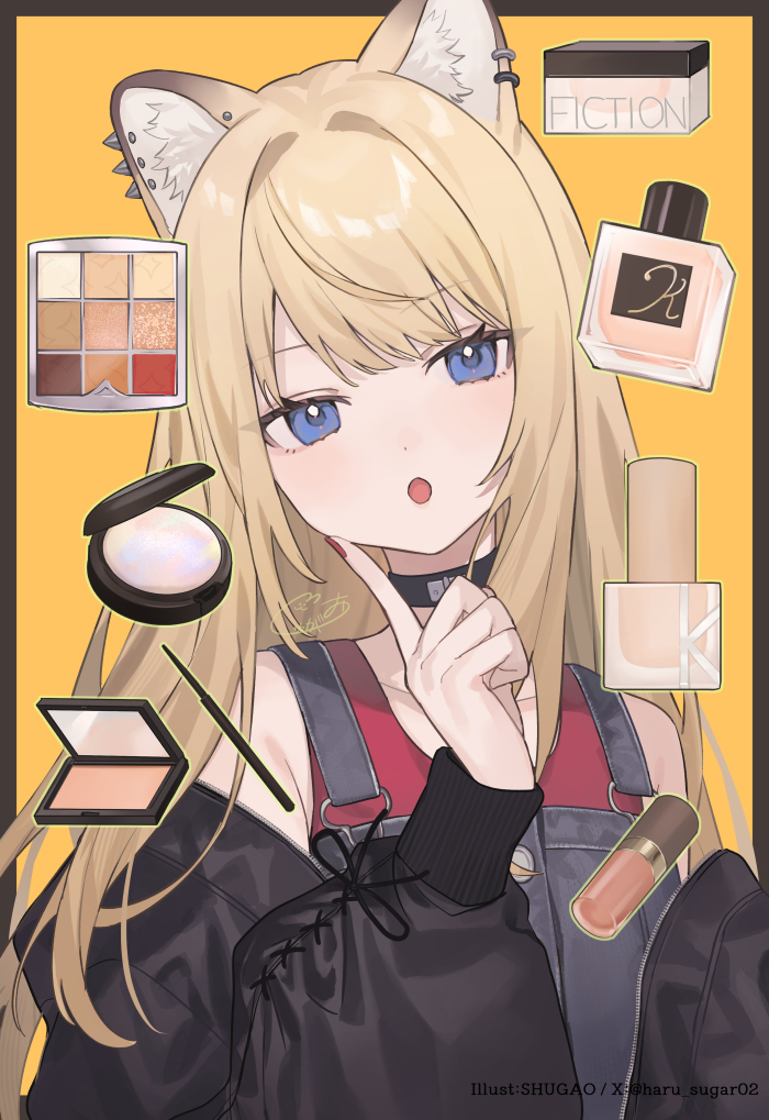 1girl :o animal_ear_fluff animal_ear_piercing animal_ears artist_name bare_shoulders black_choker black_jacket blonde_hair blue_eyes border brown_border camisole choker commentary compact_(cosmetics) cosmetics dog_ears english_commentary finger_to_cheek jacket kmnz light_blush lipstick_tube lita_(kmnz) long_hair long_sleeves makeup_palette mascara_wand off_shoulder open_mouth orange_background outside_border overalls red_camisole red_nails shugao signature solo twitter_username upper_body virtual_youtuber