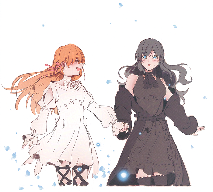 2girls ascot bare_shoulders black_coat black_dress black_hair blue_eyes clothing_cutout coat coat_partially_removed dress ff14hioo_oo7 final_fantasy final_fantasy_xiv gaia_(ff14) holding_hands long_hair multiple_girls orange_hair ryne_waters shoulder_cutout thighhighs white_dress