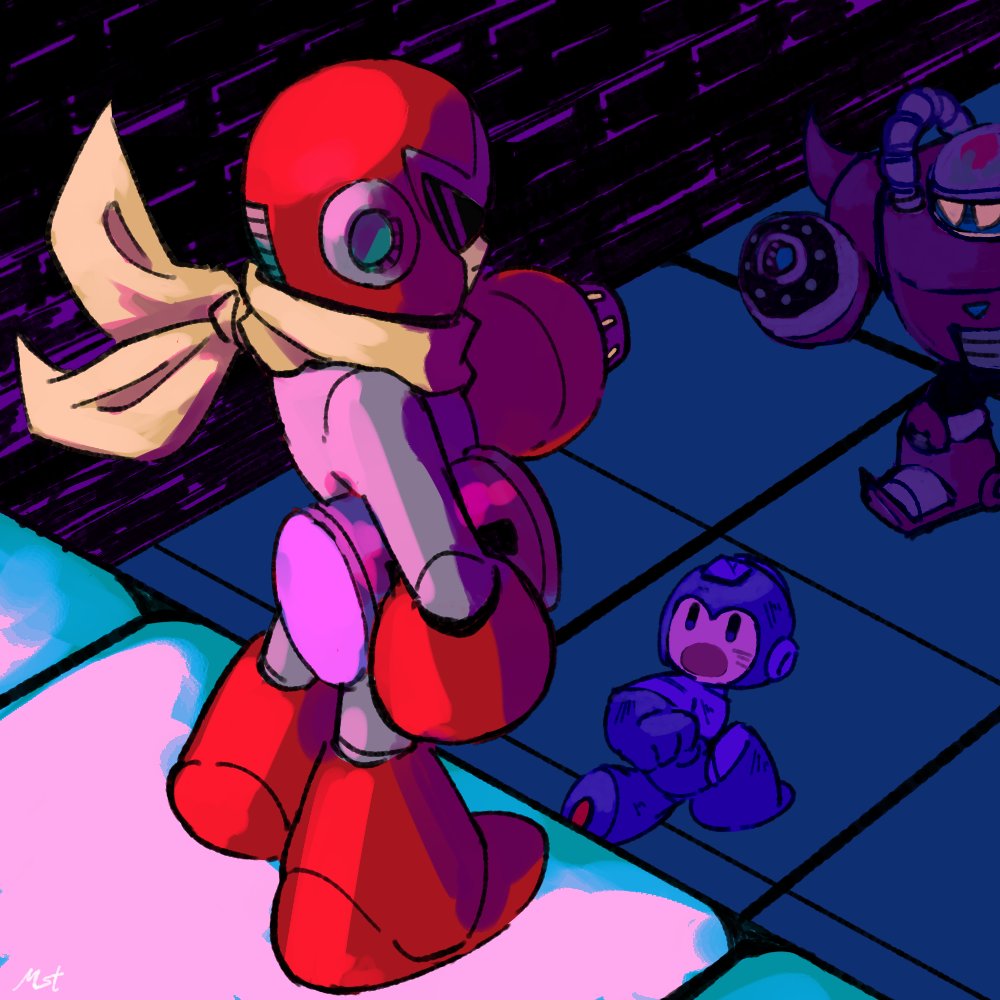 1278mkyp 2boys arm_cannon dark_man energy_tank kneeling looking_back male_focus mega_man_(character) mega_man_(classic) mega_man_(series) mega_man_5 multiple_boys proto_man robot scarf sunglasses weapon yellow_scarf