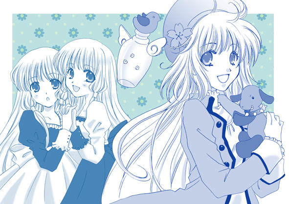 00s 3girls blue_theme bottle dog doll green_background hanato_kobato hat hirota_kaoru ioryogi kobato. long_hair matching_outfits mihara_chiho mihara_chise monochrome multiple_girls siblings sisters stuffed_animal stuffed_toy