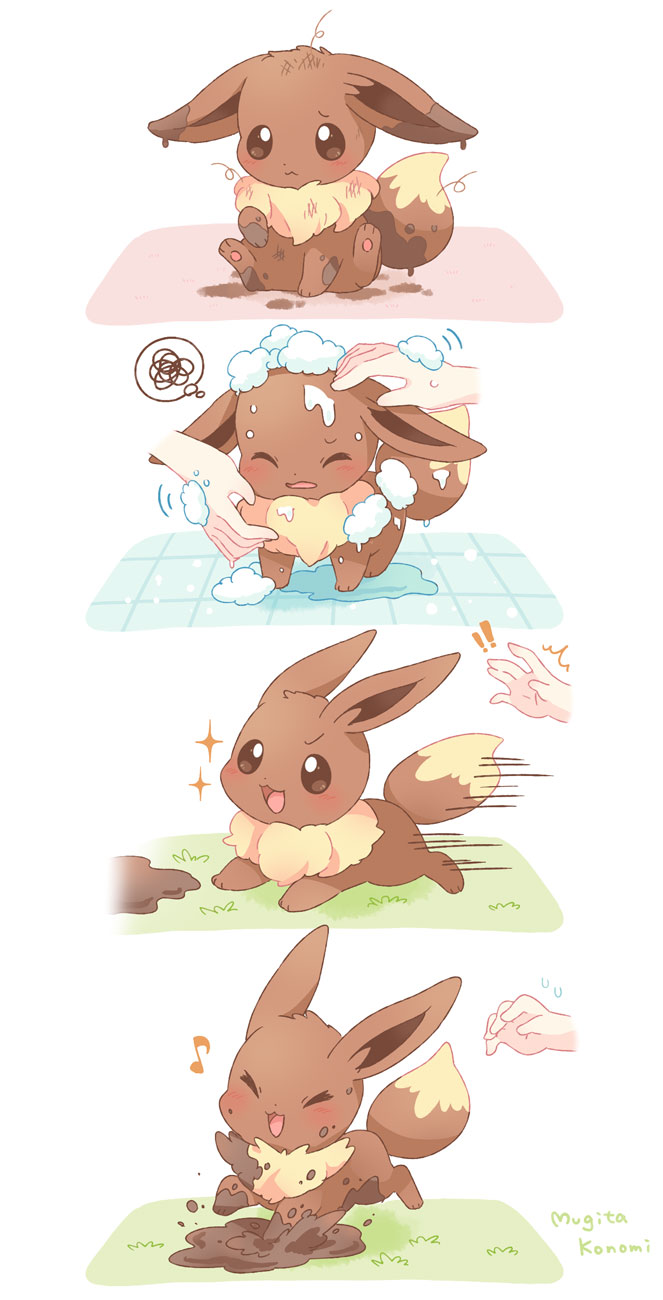 1other 4koma :d blush bright_pupils brown_eyes comic commentary_request creatures_(company) dirty disembodied_hand eevee foam game_freak gen_1_pokemon grass highres motion_lines mud mugita_konomi musical_note nintendo open_mouth pokemon pokemon_(creature) puddle signature smile sparkle speech_bubble speed_lines squiggle thought_bubble tongue white_pupils