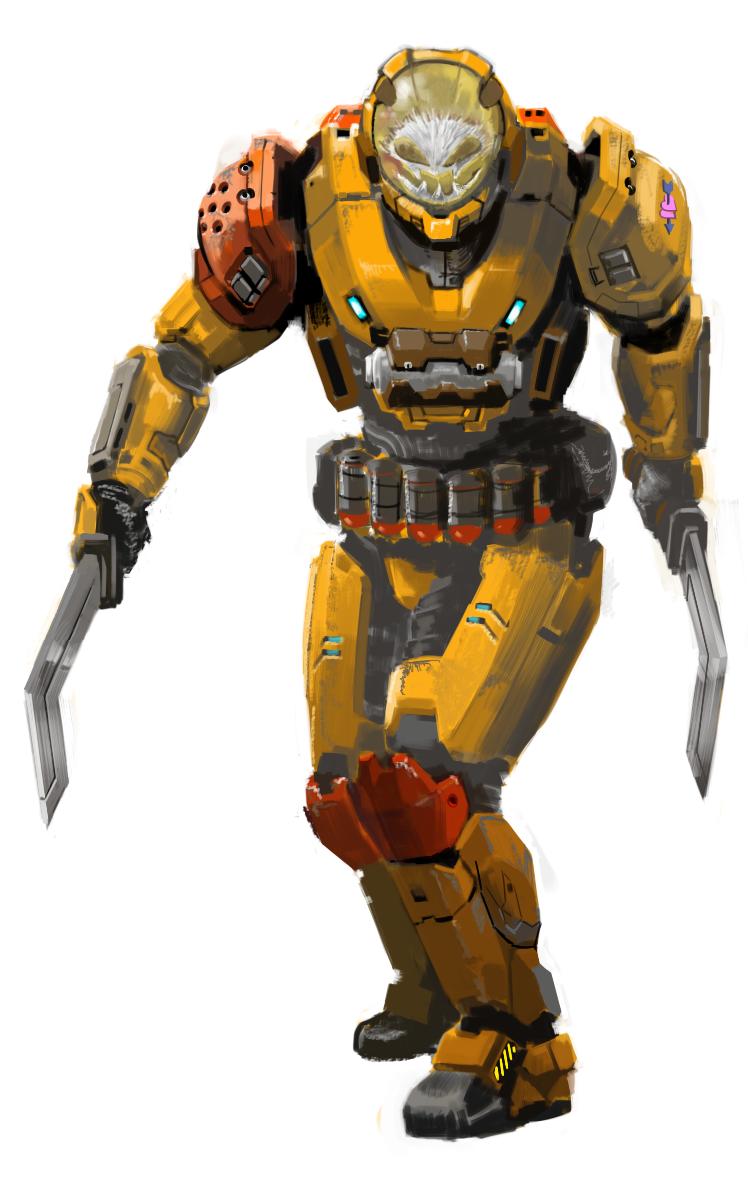 armor crossover dandy_(superdive43) dual_wielding fusion gundam halo_(game) holding holding_weapon mobile_suit_gundam power_armor solo spartan_(halo) visor weapon zakrello