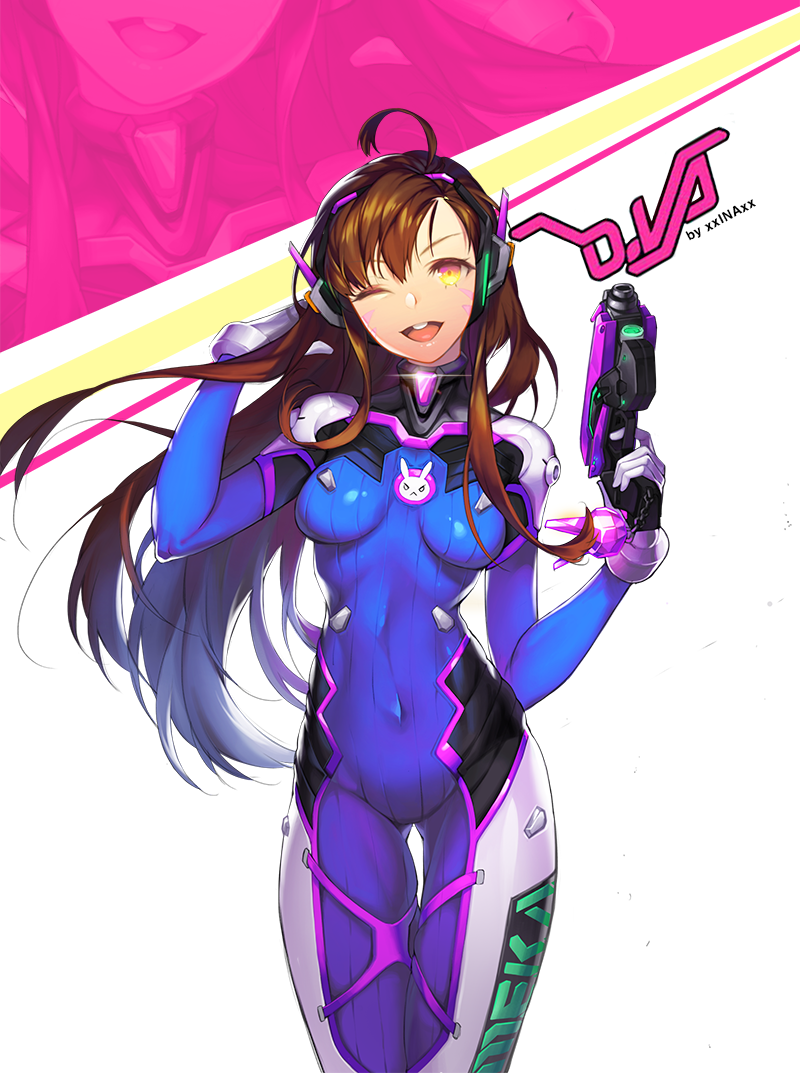 1girl ;d acronym ahoge animal_print armor artist_name bodysuit bracer breasts breasts_apart brown_eyes brown_hair buck_teeth character_name charm_(object) clothes_writing contrapposto covered_erect_nipples covered_navel cowboy_shot d.va_(overwatch) facepaint facial_mark female_focus finger_on_trigger glint gloves gun hair_flip hand_in_own_hair handgun hands_up headphones high_collar holding holding_gun holding_weapon legs_together long_hair long_sleeves looking_at_viewer matching_hair/eyes mecha_pilot_suit medium_breasts one_eye_closed open_mouth overwatch overwatch_1 pauldrons pistol rabbit_print ribbed_bodysuit shoulder_armor shoulder_pads signature simple_background skin_tight smile solo standing swept_bangs teeth thigh_gap thigh_strap turtleneck very_long_hair weapon whisker_markings white_background white_gloves xxinainaxx zoom_layer