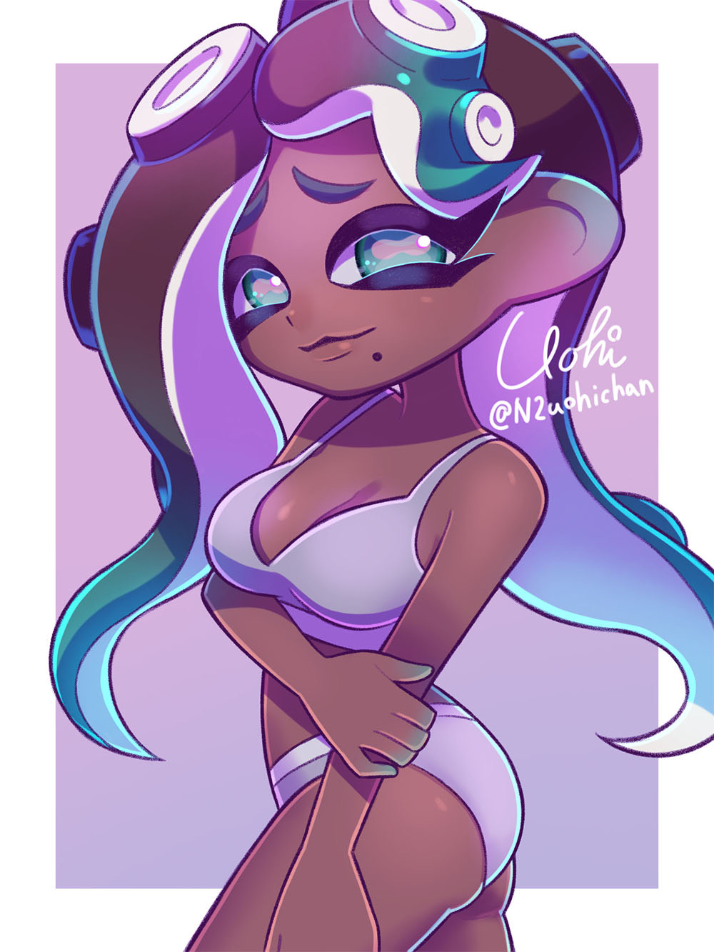 1girl aqua_eyes aqua_hair ass black_hair bra breasts cephalopod_eyes cleavage colored_extremities dark_skin gradient_hair grey_bra grey_panties highres holding_own_arm long_hair looking_at_viewer marina_(splatoon) medium_breasts mole mole_under_mouth multicolored_hair n2uohichan nintendo octoling octopus_girl panties pointy_ears purple_background smile splatoon_(series) standing suction_cups symbol-shaped_pupils tentacle_hair two-tone_hair underwear