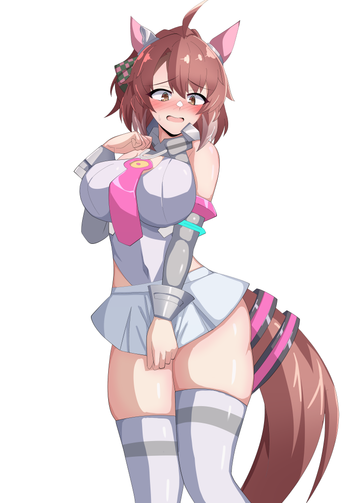 1girl ahoge animal_ears braid breasts brown_eyes brown_hair colored_tips commentary_request cosplay cowboy_shot dantsu_flame_(umamusume) detached_collar dress ear_covers ear_ornament grey_skirt horse_ears horse_girl horse_tail ishitsuma_canon large_breasts leotard long_hair machinery mihono_bourbon_(umamusume) mihono_bourbon_(umamusume)_(cosplay) multicolored_hair necktie open_mouth partial_commentary pink_necktie pleated_dress pleated_skirt short_hair simple_background skirt smile solo standing streaked_hair tail teeth thighhighs umamusume white_background white_leotard white_thighhighs