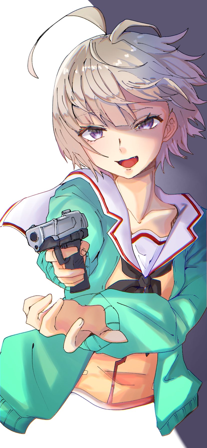 1girl ahoge cardigan collarbone fang green_cardigan grey_eyes grey_hair gun handgun heaven_burns_red highres ka_chikuoioio long_sleeves minase_sumomo neckerchief sailor_collar short_hair solo weapon white_sailor_collar