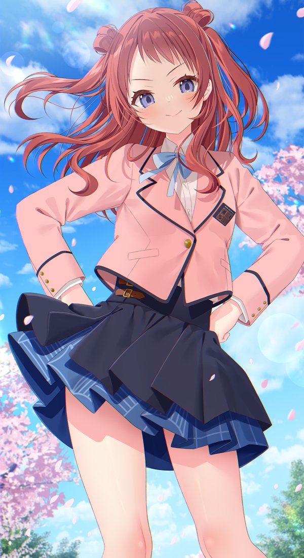 1girl blue_eyes blue_skirt blue_sky blush brown_hair cherry_blossoms gakuen_idolmaster hanami_saki hatsuboshi_gakuen_school_uniform idolmaster jacket long_hair looking_at_viewer outdoors pink_jacket school_uniform skirt sky smile solo two_side_up yano_mitsuki_(nanairo)