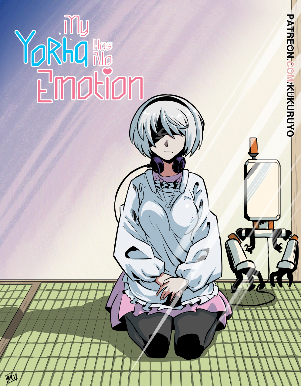 1girl 2b_(nier:automata) :| artist_name black_blindfold black_hairband black_pantyhose blindfold boku_no_tsuma_wa_kanjou_ga_nai breasts closed_mouth commentary covered_eyes day english_commentary english_text expressionless facing_viewer full_body hairband headphones headphones_around_neck highres indoors kukuruyo light_rays long_sleeves medium_breasts mole mole_under_mouth nier:automata nier_(series) own_hands_together pantyhose patreon_username pod_(nier:automata) season_connection seiza short_hair sitting solo tatami trait_connection white_hair