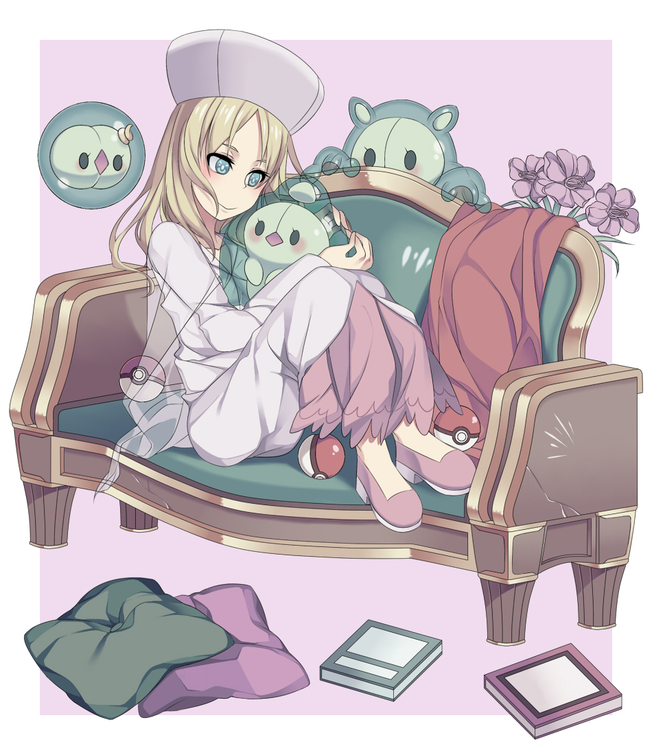 1girl book caitlin_(pokemon) cape couch duosion gen_5_pokemon hikawa_meijin nintendo on_couch pink_shoes pokemon pokemon_bw reuniclus see-through_cape shoes solosis