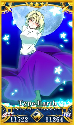 1girl ahoge akariya_kuubu arcueid_brunestud arms_behind_back blonde_hair blush breasts closed_eyes fate/grand_order fate_(series) field floating_clothes flower flower_field full_moon large_breasts lowres moon night night_sky petals purple_skirt servant_card_(fate/grand_order) short_hair skirt sky smile sweater tsukihime turtleneck turtleneck_sweater