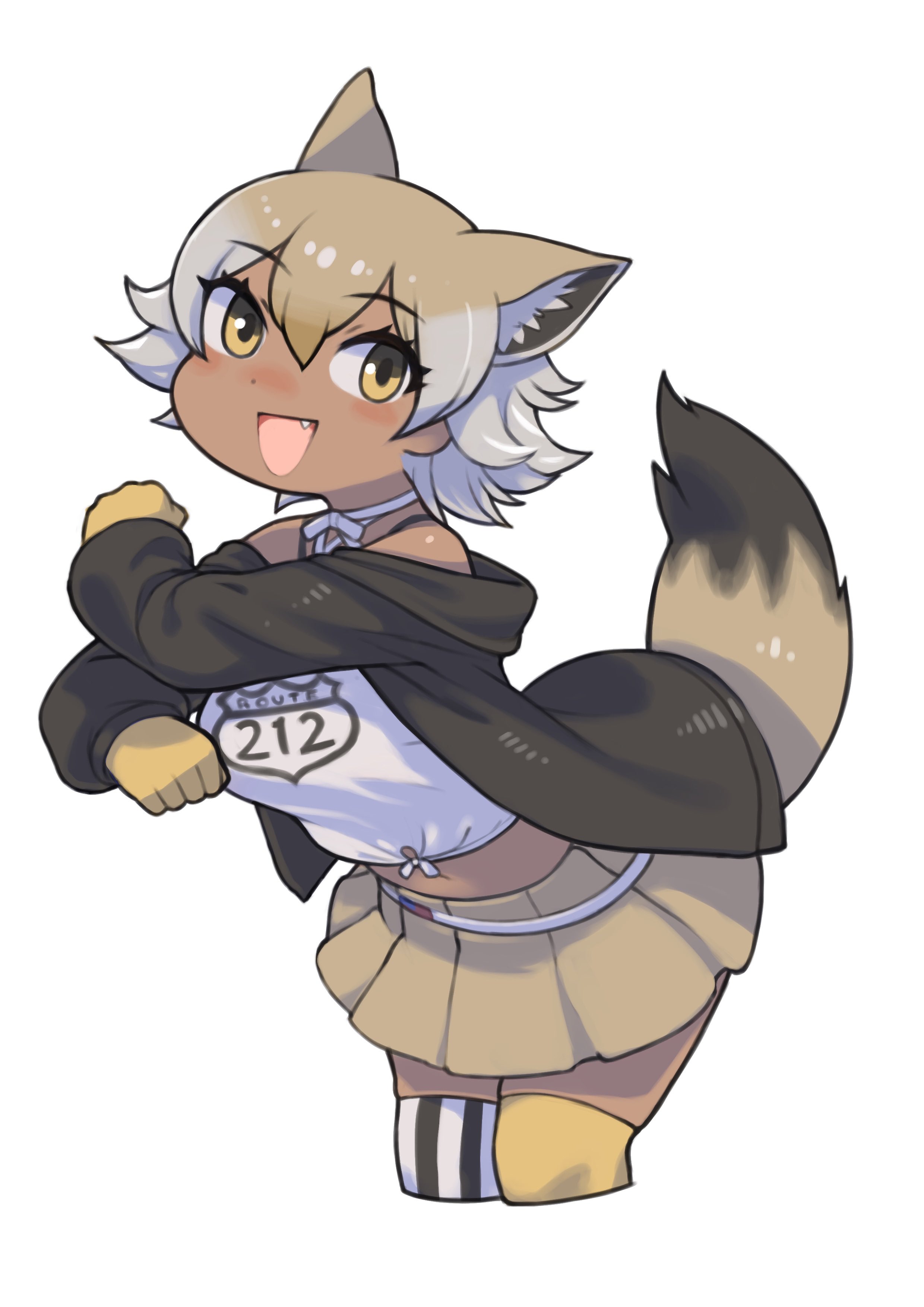 1girl absurdres animal_ears asymmetrical_legwear belt black_jacket black_thighhighs blonde_hair bow bowtie brown_hair brown_skirt choker cowboy_shot coyote_(kemono_friends) dancing dark-skinned_female dark_skin extra_ears fang gloves hair_between_eyes highres jacket kemono_friends long_sleeves midriff multicolored_hair navel open_clothes open_jacket open_mouth pleated_skirt rinx shirt sidelocks skirt smile solo spaghetti_strap striped_clothes striped_thighhighs tail thighhighs two-tone_thighhighs vertical-striped_clothes vertical-striped_thighhighs white_belt white_bow white_bowtie white_choker white_hair white_shirt white_thighhighs wolf_ears wolf_girl wolf_tail yellow_eyes yellow_gloves yellow_thighhighs zettai_ryouiki
