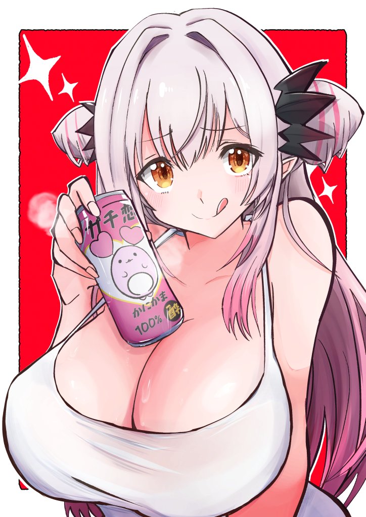 029skysky 1girl :q alternate_costume black_horns blush breasts can cleavage closed_mouth commentary commentary_request cone_hair_bun demon_girl demon_horns grey_hair hair_bun hair_intakes holding holding_can horns huge_breasts indie_virtual_youtuber kanikama_(suou_patra) long_hair looking_at_viewer multicolored_hair orange_eyes pink_hair pointy_ears red_background smile solo sparkle streaked_hair suou_patra symbol-only_commentary tank_top tongue tongue_out upper_body virtual_youtuber white_background white_tank_top