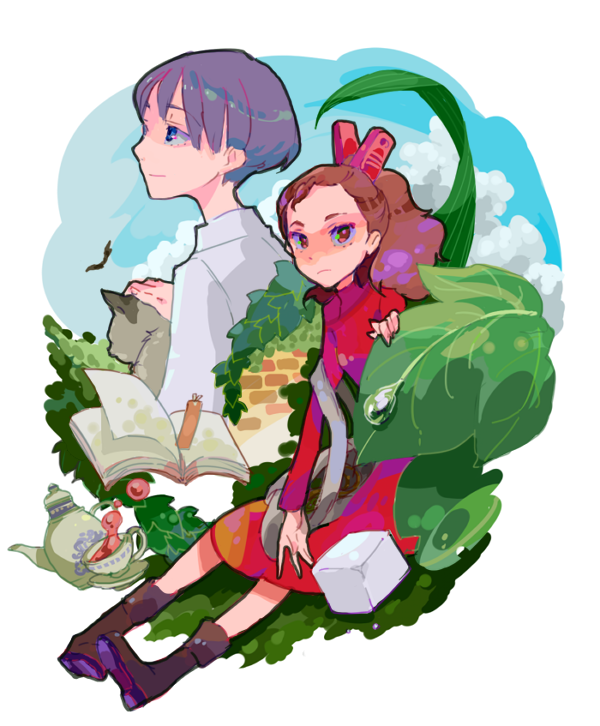 10s 1boy 1girl arrietty bird book cat cup karigurashi_no_arrietty leaf mini_person minigirl ponytail rakuchii_(rurituvo) rurituvo shou_(karigurashi_no_arrietty) studio_ghibli sugar_cube teacup water_drop