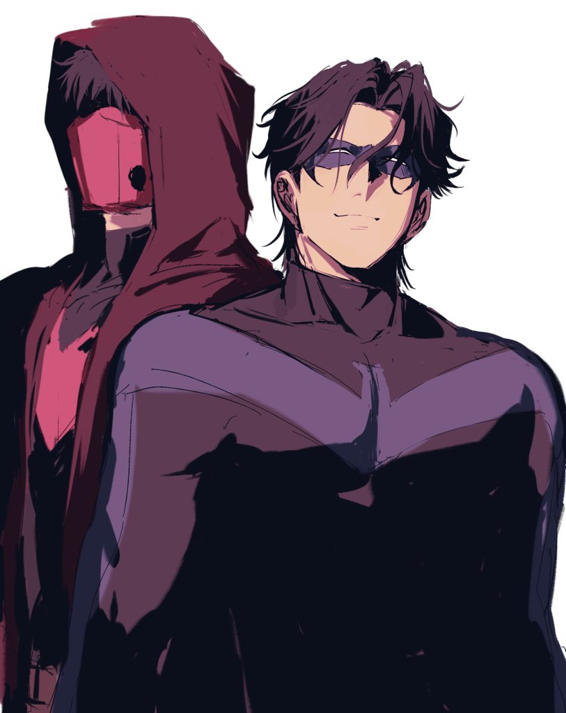2boys batman_(series) black_hair brothers dc_comics dick_grayson eye_mask jacket jason_todd jingyg13204 male_focus mask mouth_mask multiple_boys nightwing red_hood_(dc) siblings sketch superhero_costume