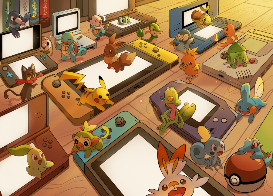beak book buck_teeth bulbasaur charmander chikorita eevee fang fins fire flame-tipped_tail froakie game_boy game_boy_(original) game_boy_advance game_boy_advance_sp gen_1_pokemon gen_2_pokemon gen_3_pokemon gen_4_pokemon gen_5_pokemon gen_6_pokemon gen_7_pokemon gen_8_pokemon grookey handheld_game_console head_fins honedge leaf litten mudkip nintendo nintendo_2ds nintendo_3ds nintendo_3ds_ll nintendo_ds nintendo_ds_lite nintendo_switch oshawott pikachu poke_ball poke_ball_(basic) pokemon pokemon_(creature) popplio rowlet scorbunny sei_(seiryuuden) shell snivy sobble squirtle starter_pokemon_trio stick tail teeth tepig through_medium through_screen totodile treecko turtwig unown unown_a unown_h unown_i unown_m unown_n unown_o unown_s
