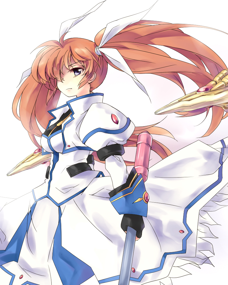 00s 1girl breasts brown_hair dress female_focus fingerless_gloves gloves hair_over_one_eye hair_ribbon large_breasts long_hair lyrical_nanoha mahou_shoujo_lyrical_nanoha nishigyou_teraa puffy_sleeves purple_eyes raising_heart raising_heart_(blaster_bit) raising_heart_(exceed_mode) ribbon solo takamachi_nanoha takamachi_nanoha_(exceed_mode) twintails white_background