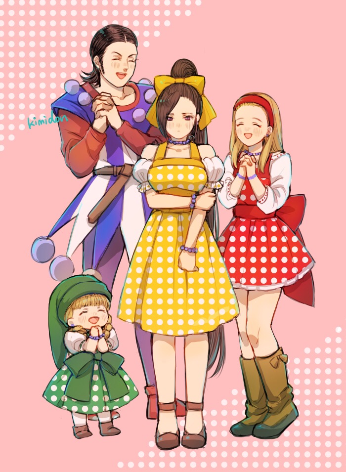 1boy 3girls alternate_costume androgynous artist_name bare_shoulders bead_bracelet bead_necklace beads blonde_hair boots bow bracelet braid breasts brown_boots brown_shoes closed_eyes collarbone commentary_request dirndl dragon_quest dragon_quest_xi dress dress_bow earrings full_body german_clothes green_bow green_dress green_hat hair_bow hair_pulled_back hairband hand_on_own_elbow hands_clasped_in_delight hat high_ponytail jewelry kimidori_(kimidoriri) large_breasts long_hair looking_down low_twin_braids martina_(dq11) medium_hair multiple_girls necklace off_shoulder official_alternate_costume open_mouth own_hands_clasped own_hands_together parted_hair pink_background polka_dot polka_dot_dress ponytail puffy_short_sleeves puffy_sleeves purple_eyes purple_hair red_bow red_dress red_hairband red_shirt senya_(dq11) shirt shirt_under_dress shoes short_sleeves shy siblings sisters smile striped_clothes stud_earrings sylvia_(dq11) tunic twin_braids twins veronica_(dq11) waist_bow white_shirt yellow_bow yellow_dress