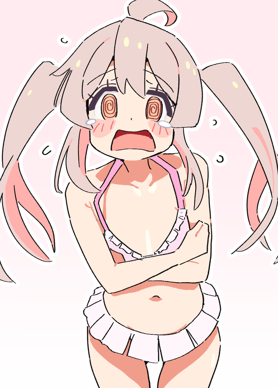1girl @_@ ahoge bare_arms bare_shoulders bikini bikini_skirt blush_stickers breasts brown_eyes covering_breasts covering_privates cowboy_shot d: dot_nose embarrassed flying_teardrops frilled_bikini_top gradient_background hair_between_eyes highres long_hair looking_at_viewer navel noyama_takenoko onii-chan_wa_oshimai! open_mouth outline oyama_mahiro pink_background pink_bikini pink_hair sidelocks simple_background small_breasts solo stomach swimsuit tearing_up thigh_gap twintails white_background white_outline