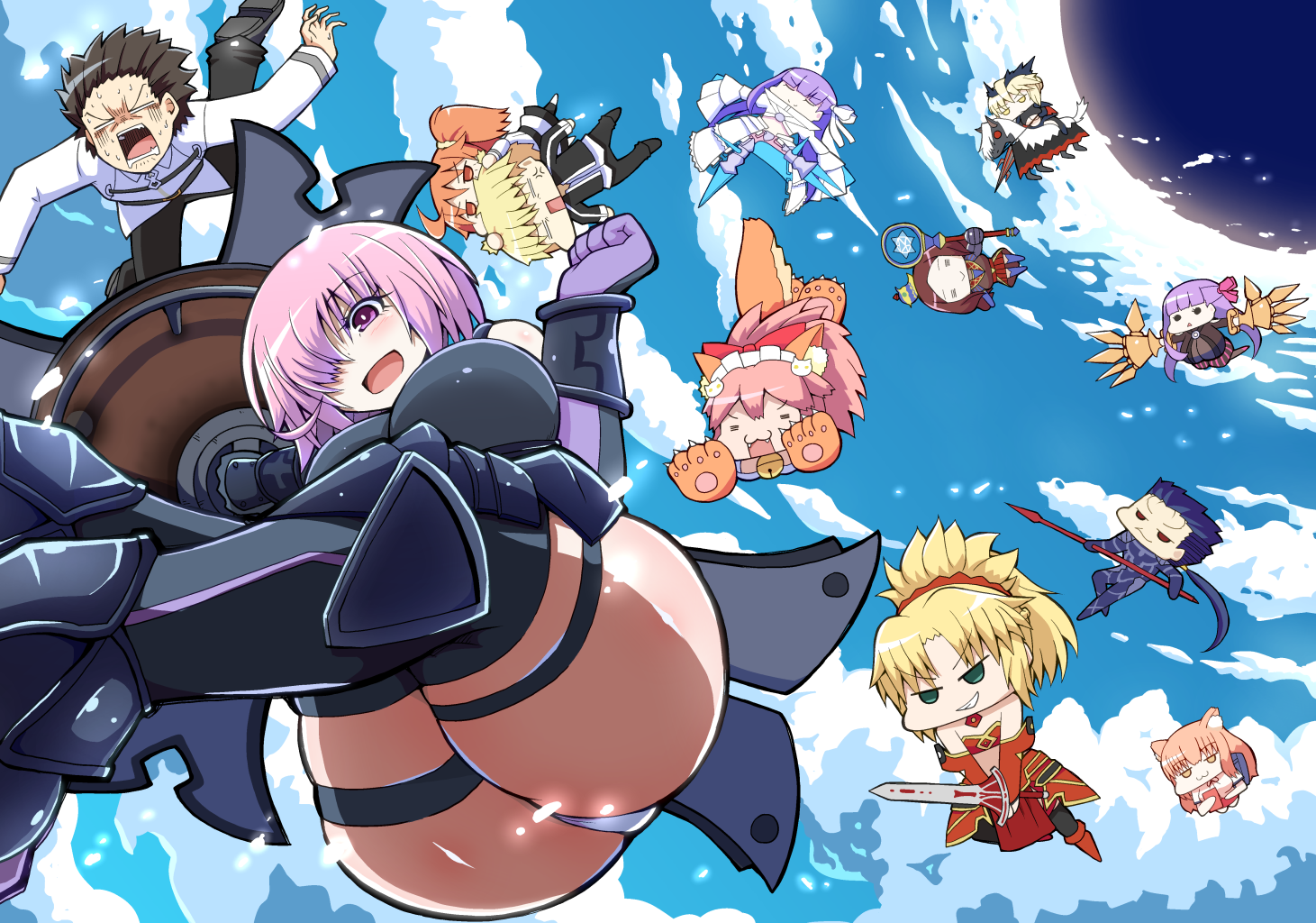 =_= anger_vein animal_ears animal_hands artoria_pendragon_(fate) artoria_pendragon_(lancer_alter)_(fate) black_jacket black_thighhighs breasts chibi claw_(weapon) commentary_request cu_chulainn_(fate) cu_chulainn_(fate/stay_night) cu_chulainn_(third_ascension)_(fate) falling fate/grand_order fate_(series) fox_ears fox_girl fox_tail fujimaru_ritsuka_(female) fujimaru_ritsuka_(male) gae_bolg_(fate) gilgamesh_(fate) gilgamesh_(immoral_biker_jacket)_(fate) gloves hair_over_one_eye holding holding_polearm holding_sword holding_wand holding_weapon horse jacket large_breasts leonardo_da_vinci_(fate) mash_kyrielight mash_kyrielight_(demi-servant) meltryllis_(fate) meltryllis_(third_ascension)_(fate) midair mordred_(fate) mordred_(third_ascension)_(fate) one_side_up panties pantyshot passionlip_(fate) paw_gloves paw_shoes pink_eyes pink_hair polearm pororokka_(macareo) prosthesis prosthetic_leg riyo_(lyomsnpmp)_(style) spear suzuka_gozen_(fate) sweat sword tail tamamo_(fate) tamamo_cat_(fate) thigh_strap thighhighs underwear wand weapon white_panties