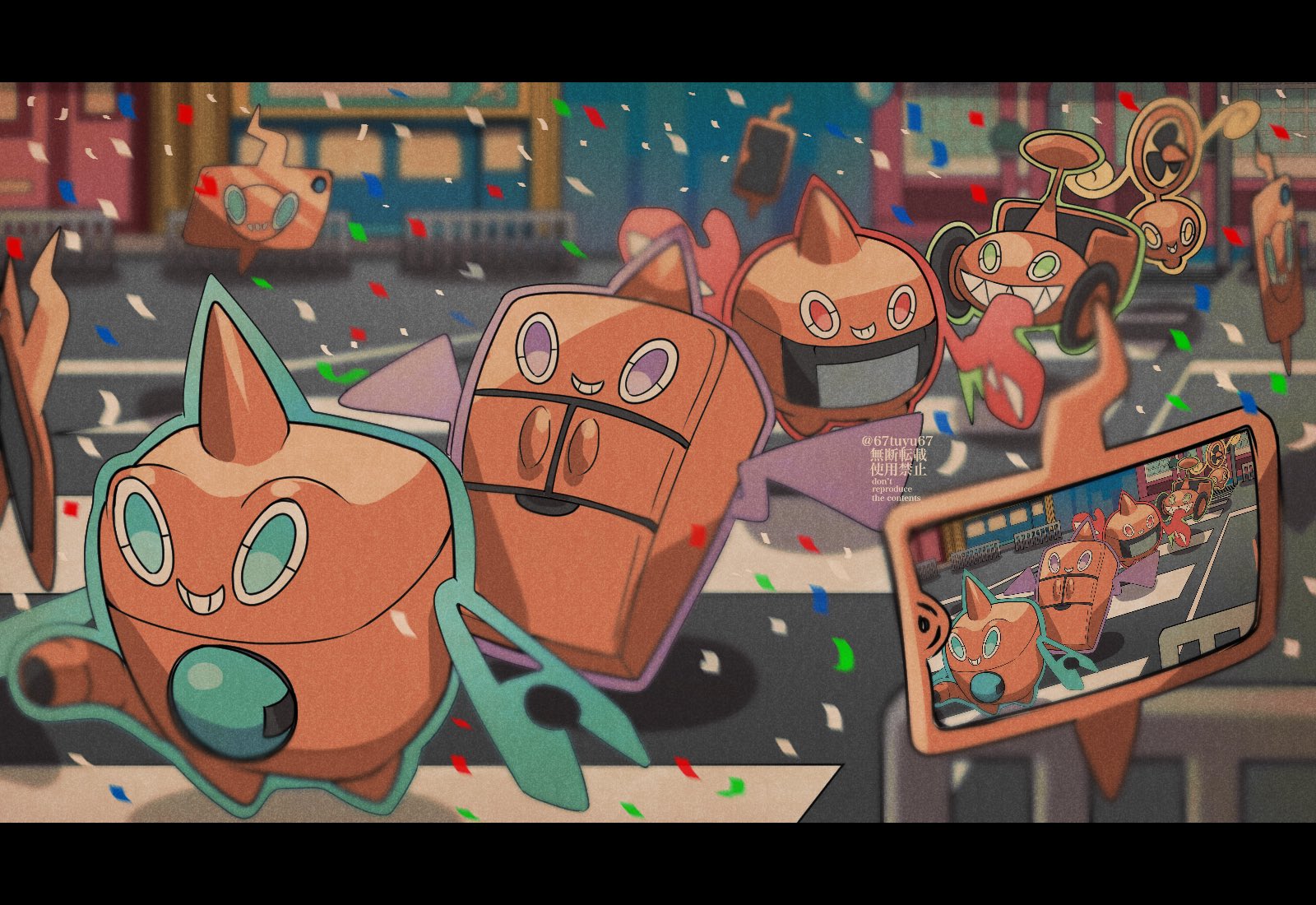 blurry commentary_request confetti crosswalk fence gen_4_pokemon green_eyes highres letterboxed nintendo no_humans outdoors pokemon pokemon_(creature) purple_eyes red_eyes rotom rotom_(fan) rotom_(frost) rotom_(heat) rotom_(mow) rotom_(wash) rotom_phone sharp_teeth smile teeth yukifuri_tsuyu