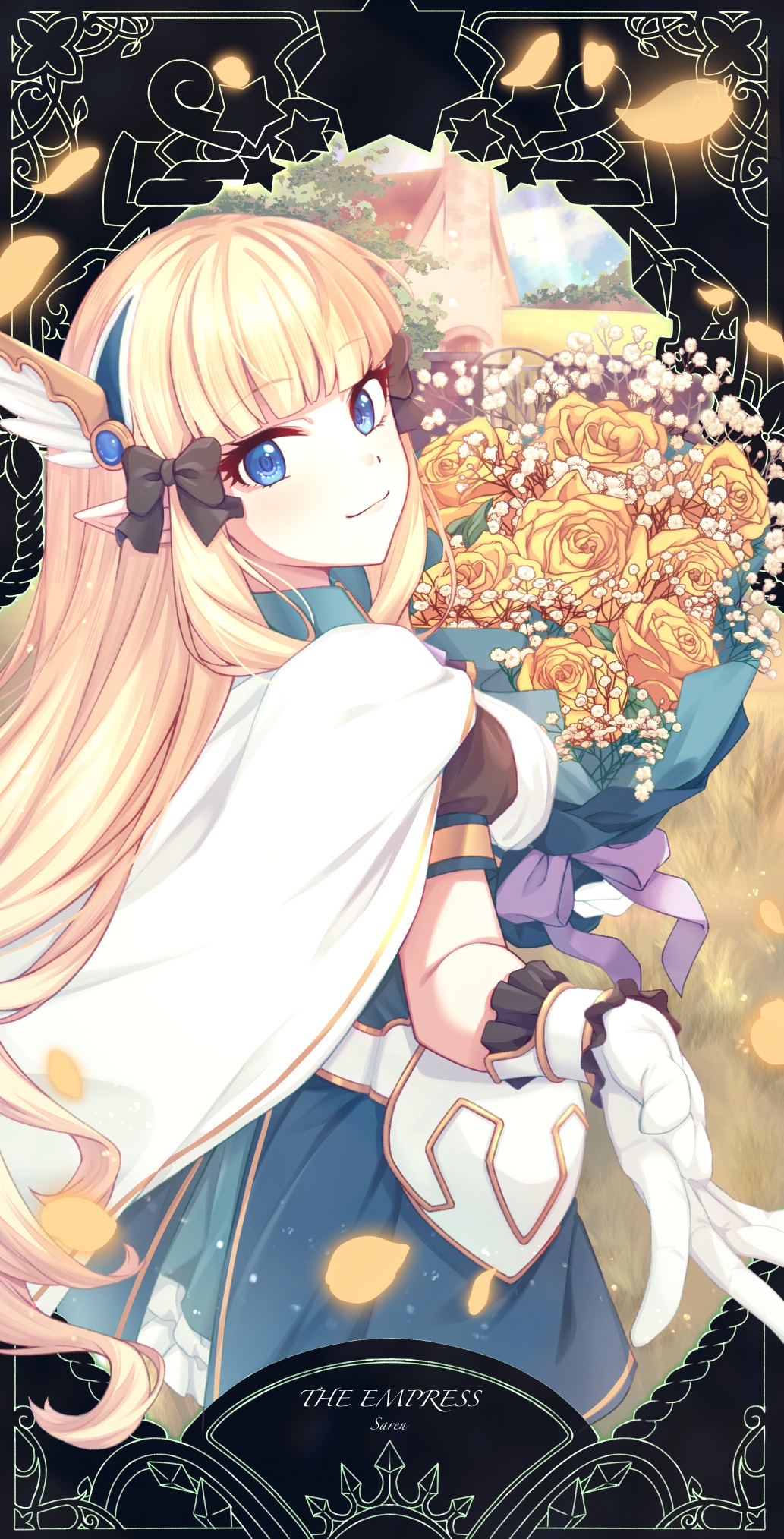 1girl altheavin black_bow blonde_hair blue_eyes bouquet bow cape card_(medium) elf flower gloves hair_bow hair_ornament highres petals pointy_ears princess_connect! rose rose_petals saren_(princess_connect!) solo tarot tarot_(medium) the_empress_(tarot) white_cape white_gloves wing_hair_ornament yellow_flower yellow_rose