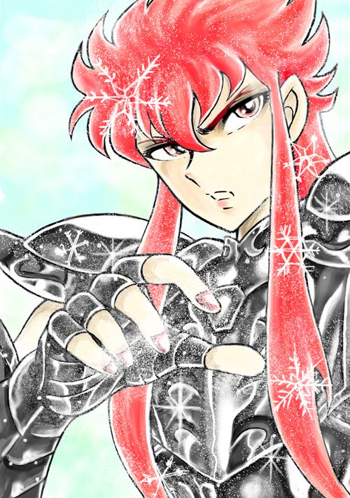 1980s_(style) 1boy aquarius_camus armor black_armor cryokinesis eyelashes eyeshadow gauntlets hand_up kurumada_masami_(style) lipstick long_hair looking_at_viewer makeup male_focus nail_polish official_style oldschool parted_lips pauldrons powering_up red_eyes red_hair red_lips red_nails retro_artstyle saint_seiya shoulder_armor snow snowflakes solo sparkle trap upper_body v-shaped_eyebrows witchhunterrip