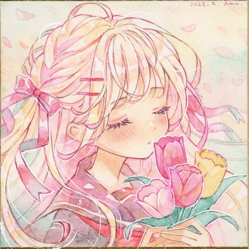 1girl amu_(m_aa) black_shirt blonde_hair blush bouquet closed_eyes colored_eyelashes commentary_request dated flower hair_ornament hair_ribbon hairclip holding holding_bouquet long_hair multicolored_hair original painting_(medium) parted_lips pink_flower pink_hair pink_tulip portrait red_flower red_ribbon red_tulip ribbon sailor_collar sailor_shirt shikishi shirt signature solo traditional_media tulip two-tone_hair watercolor_(medium) yellow_flower yellow_tulip