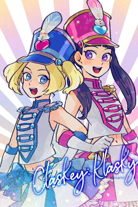2girls black_hair blonde_hair blue_bow blue_eyes blue_hat bow classicaloid commentary_request dramatica gloves hat hat_feather locked_arms midriff multiple_girls open_mouth pink_hat purple_eyes pyotr_illyich_tchaikovsky_(classicaloid) shako_cap skirt striped_clothes striped_skirt sunburst sunburst_background tekla_badarzewska-baranowska_(classicaloid) twintails white_gloves