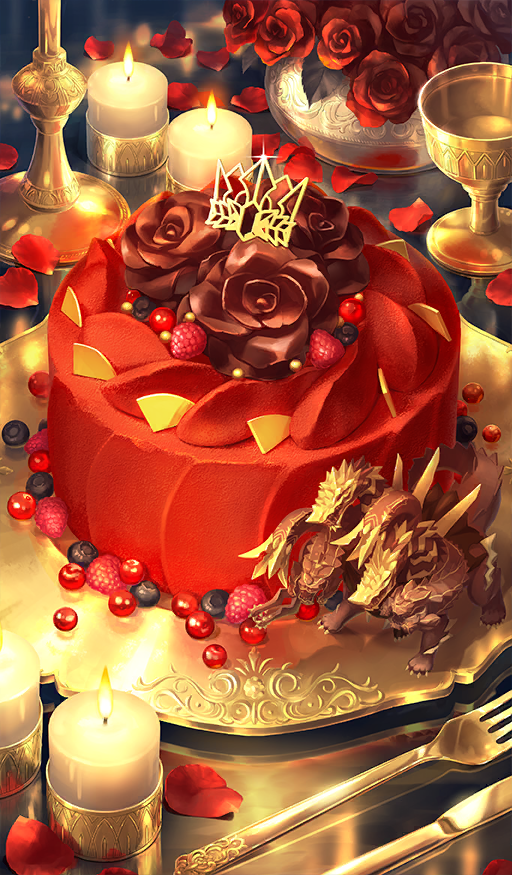 blueberry cake candle chocolate_river_no_sono_saki_ni commentary_request dessert dragon fate/grand_order fate_(series) fire flower food food_art food_focus fork fruit glint kakutani_kiwako knife no_humans official_art petals plate raspberry red_flower red_petals red_rose rose rose_petals third-party_source