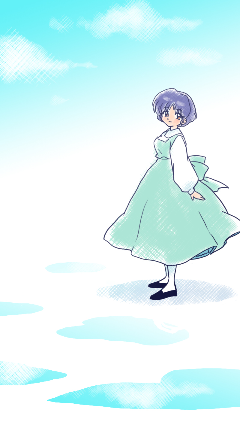 1girl black_footwear blue_hair breasts fuurinkan_high_school_uniform highres ranma_1/2 school_uniform short_hair smile socks solo tendou_akane wanta_(futoshi) white_socks