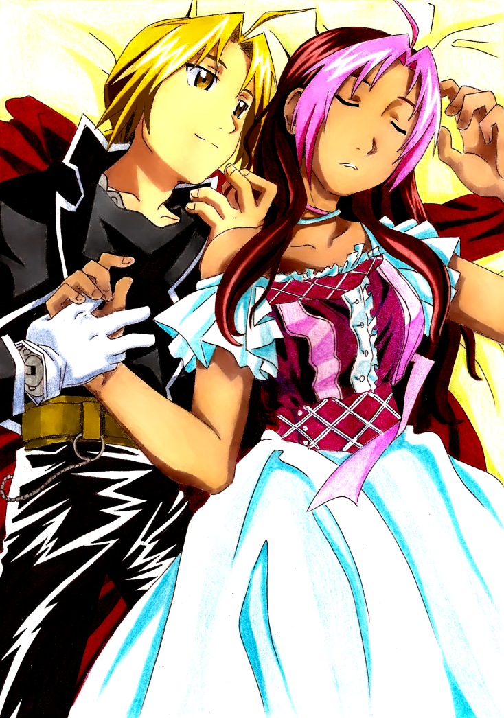 00s 1boy 1girl bad_deviantart_id bad_id blonde_hair brown_hair dress colored_bangs edward_elric fullmetal_alchemist hetero holding_hands izayae long_hair lying multicolored_hair pink_hair rose_thomas rose_tomas sleeping two-tone_hair yellow_eyes