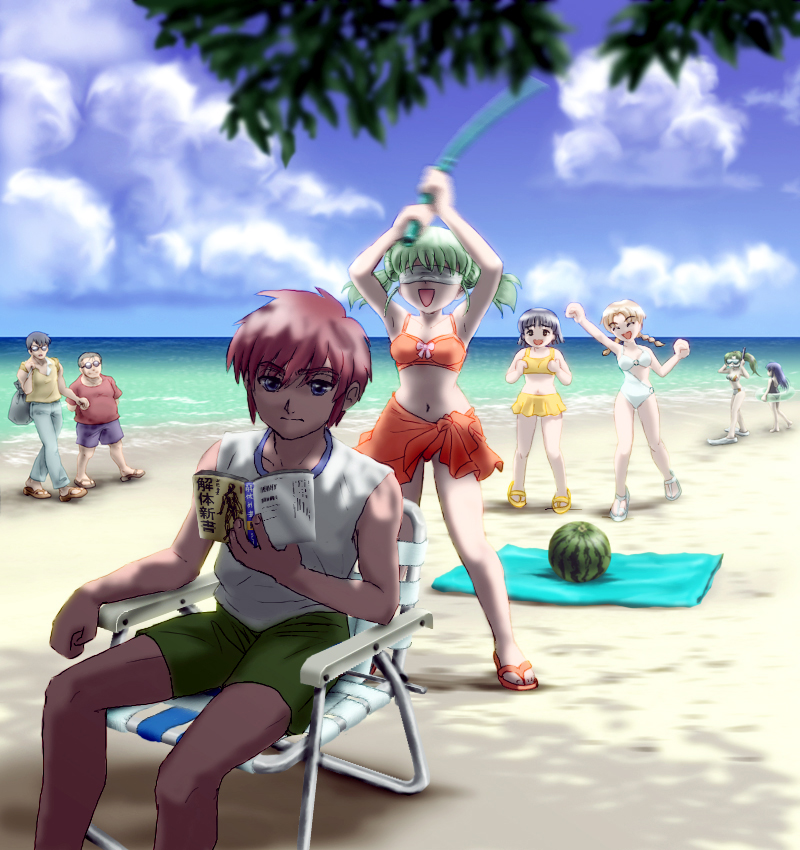 3boys 5girls akasaka_mamoru beach blindfold blue_eyes braid chair closed_eyes cloud day double_bun flip-flops food friends fruit furude_rika green_hair hair_bun happy higurashi_no_naku_koro_ni kimiyoshi_natsumi long_hair looking_at_another makimura_tamako motion_blur multiple_boys multiple_girls ocean on_chair ooishi_kuraudo open_mouth outdoors reading red_hair ryukishi07_(style) saeki_chisato sandals short_hair shorts sitting sky smile sonozaki_mion suikawari sunglasses swimsuit tenkai_no_shinshi toudou_akira tree watermelon