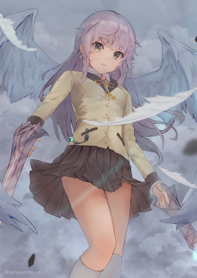1girl amayomiyu angel_beats! black_skirt blazer blush breasts feathers hand_sonic heaven_burns_red jacket long_hair long_sleeves school_uniform sidelocks skirt small_breasts smoke socks solo teeth tenshi_(angel_beats!) weapon white_background white_hair white_socks wings yellow_eyes