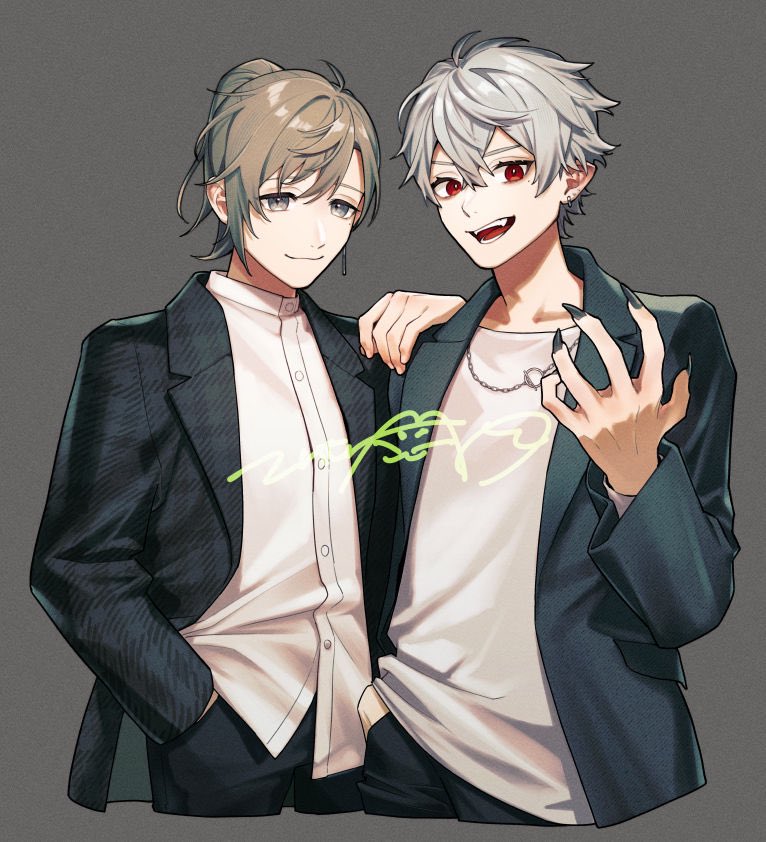 2boys ahoge black_jacket black_nails blue_jacket brown_hair collared_shirt earrings fang formal_clothes grey_background grey_eyes hair_between_eyes hand_in_pocket hand_up jacket jewelry kanae_(nijisanji) kuzuha_(nijisanji) light_smile looking_at_viewer matsugi_zuntaro mole mole_under_eye multiple_boys nail_polish necklace nijisanji open_clothes open_jacket open_mouth pointy_ears red_eyes shirt short_hair simple_background suit virtual_youtuber white_hair white_shirt